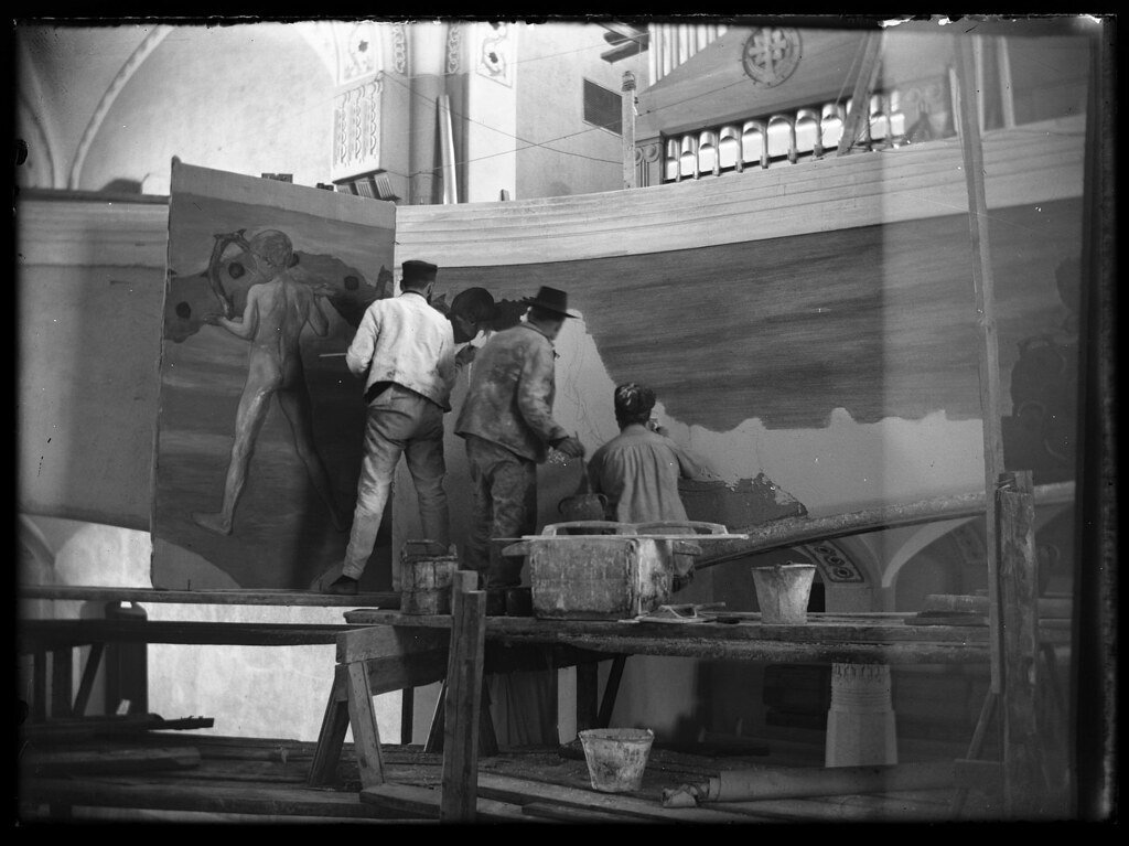 Simberg and assistants at work on The Garland Bearers (1906) fresco