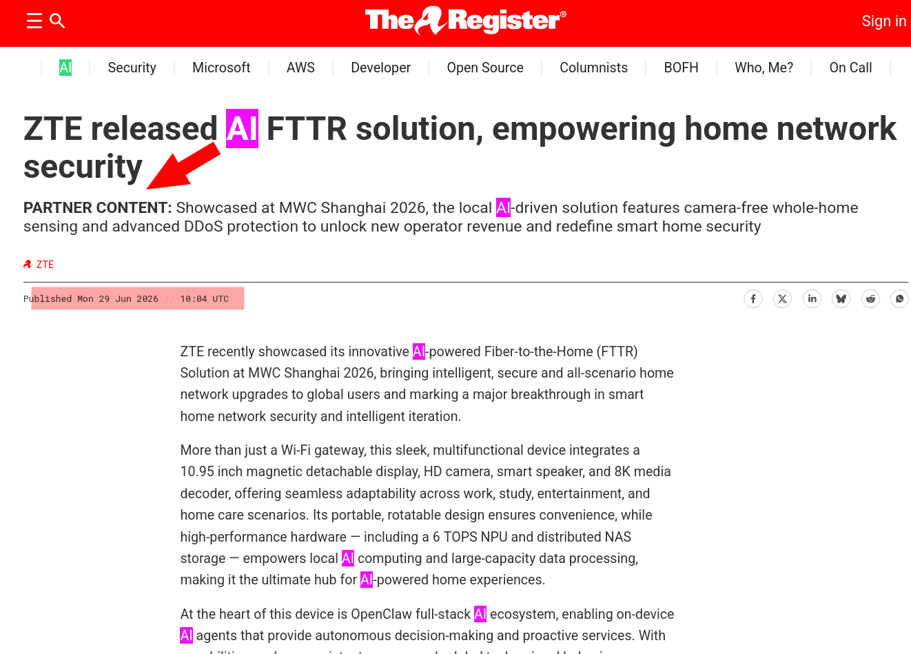 ZTE released AI FTTR solution, empowering home network security
