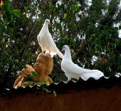 A pair of white doves sitting on the edge of a roof.