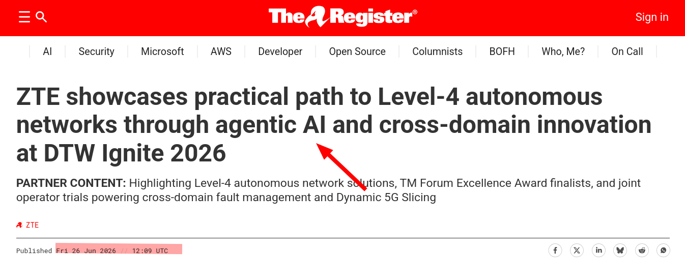 ZTE showcases practical path to Level-4 autonomous networks through agentic AI and cross-domain innovation at DTW Ignite 2026