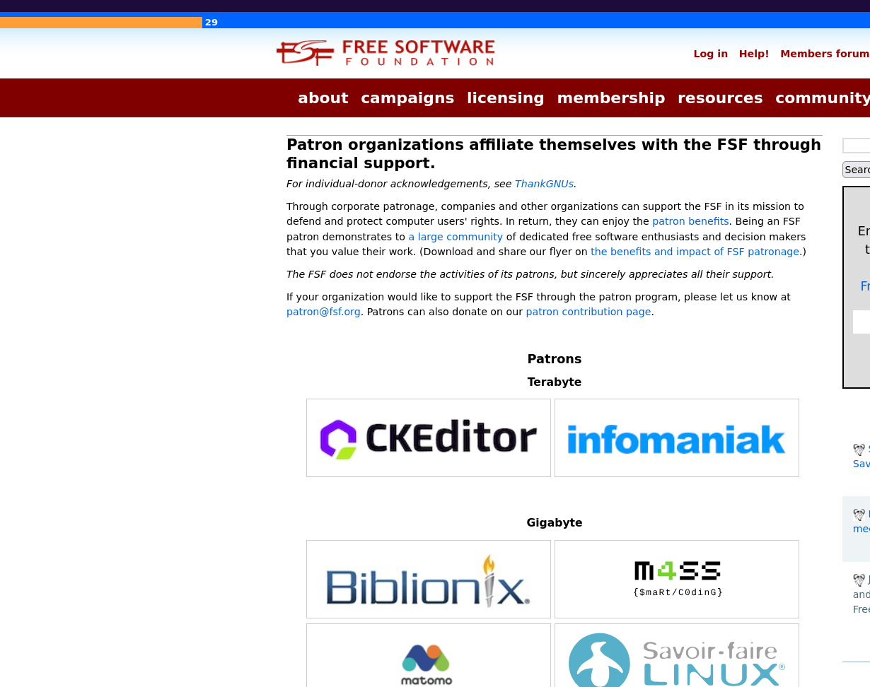 Patron organizations affiliate themselves with the FSF through financial support. 