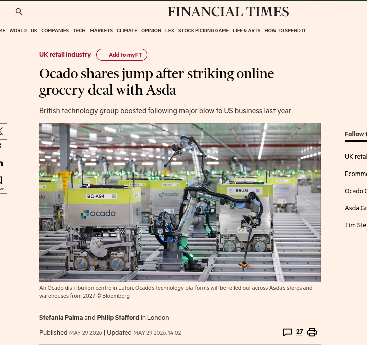Ocado shares jump after striking online grocery deal with Asda