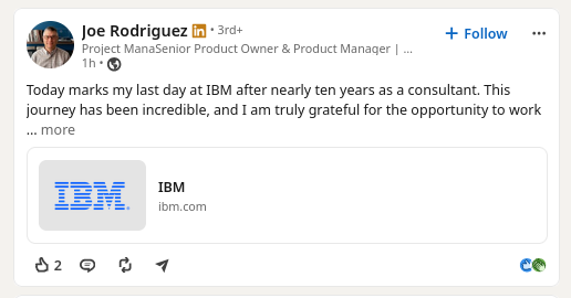 Today marks my last day at IBM after nearly ten years as a consultant. This journey has been incredible, and I am truly grateful for the opportunity to work