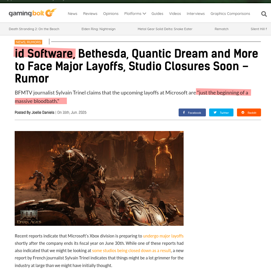id Software, Bethesda, Quantic Dream and More to Face Major Layoffs, Studio Closures Soon – Rumor