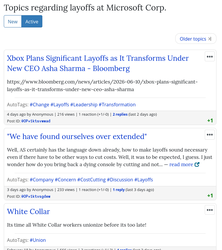 Topics regarding layoffs at Microsoft Corp.