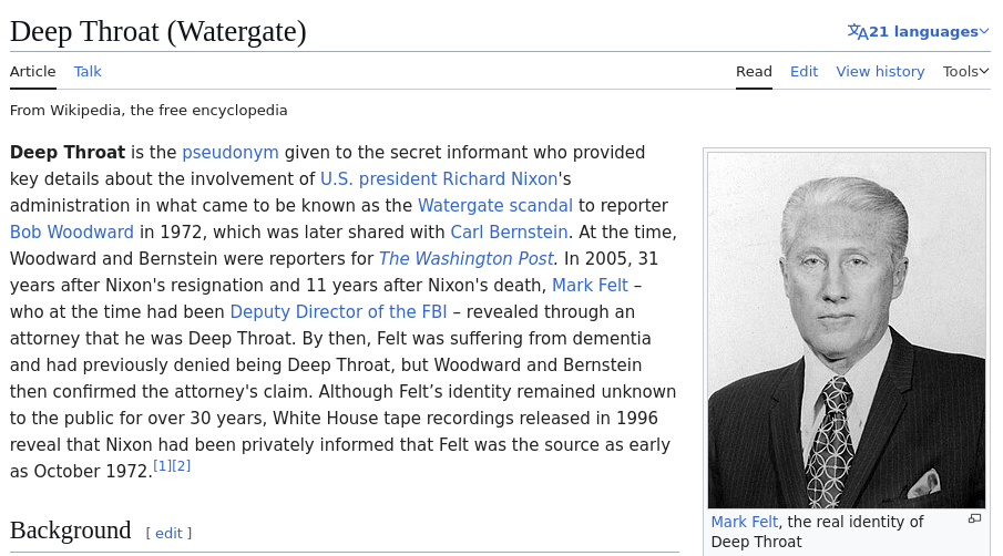 Mark Felt, the real identity of Deep Throat