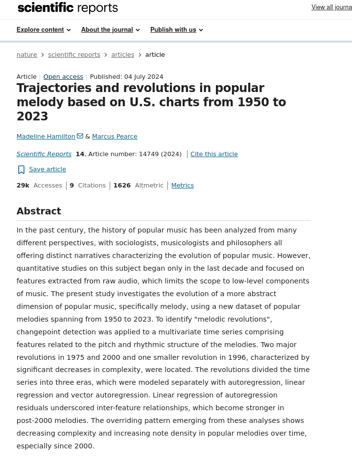 Trajectories and revolutions in popular melody based on U.S. charts from 1950 to 2023