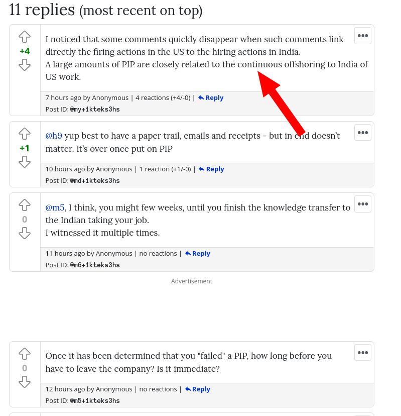 I noticed that some comments quickly disappear when such comments link directly the firing actions in the US to the hiring actions in India.