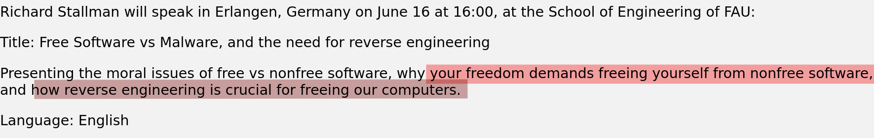 Presenting the moral issues of free vs nonfree software, why your freedom demands freeing yourself from nonfree software, and how reverse engineering is crucial for freeing our computers.