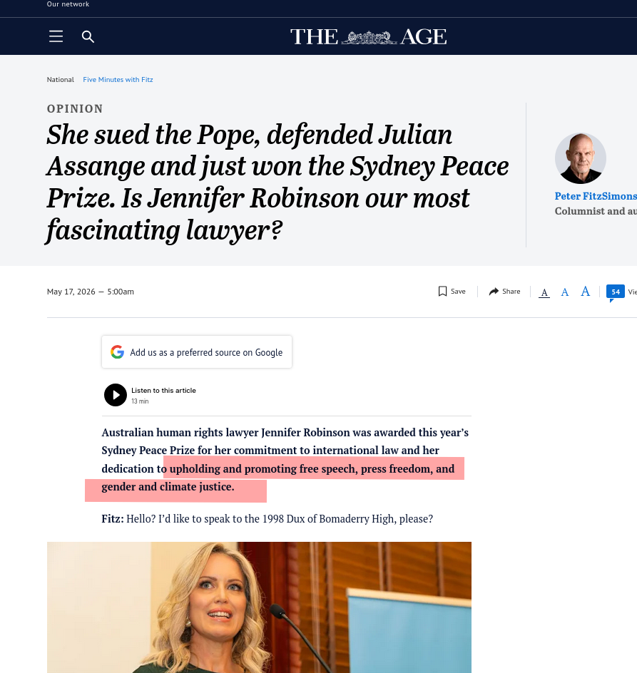She sued the Pope, defended Julian Assange and just won the Sydney Peace Prize. Is Jennifer Robinson our most fascinating lawyer?