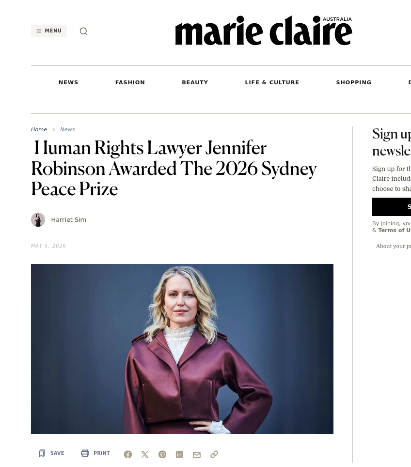  Human Rights Lawyer Jennifer Robinson Awarded The 2026 Sydney Peace Prize