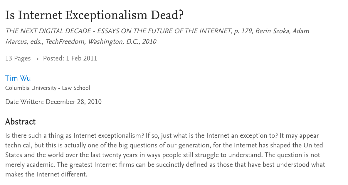 Is Internet Exceptionalism Dead?