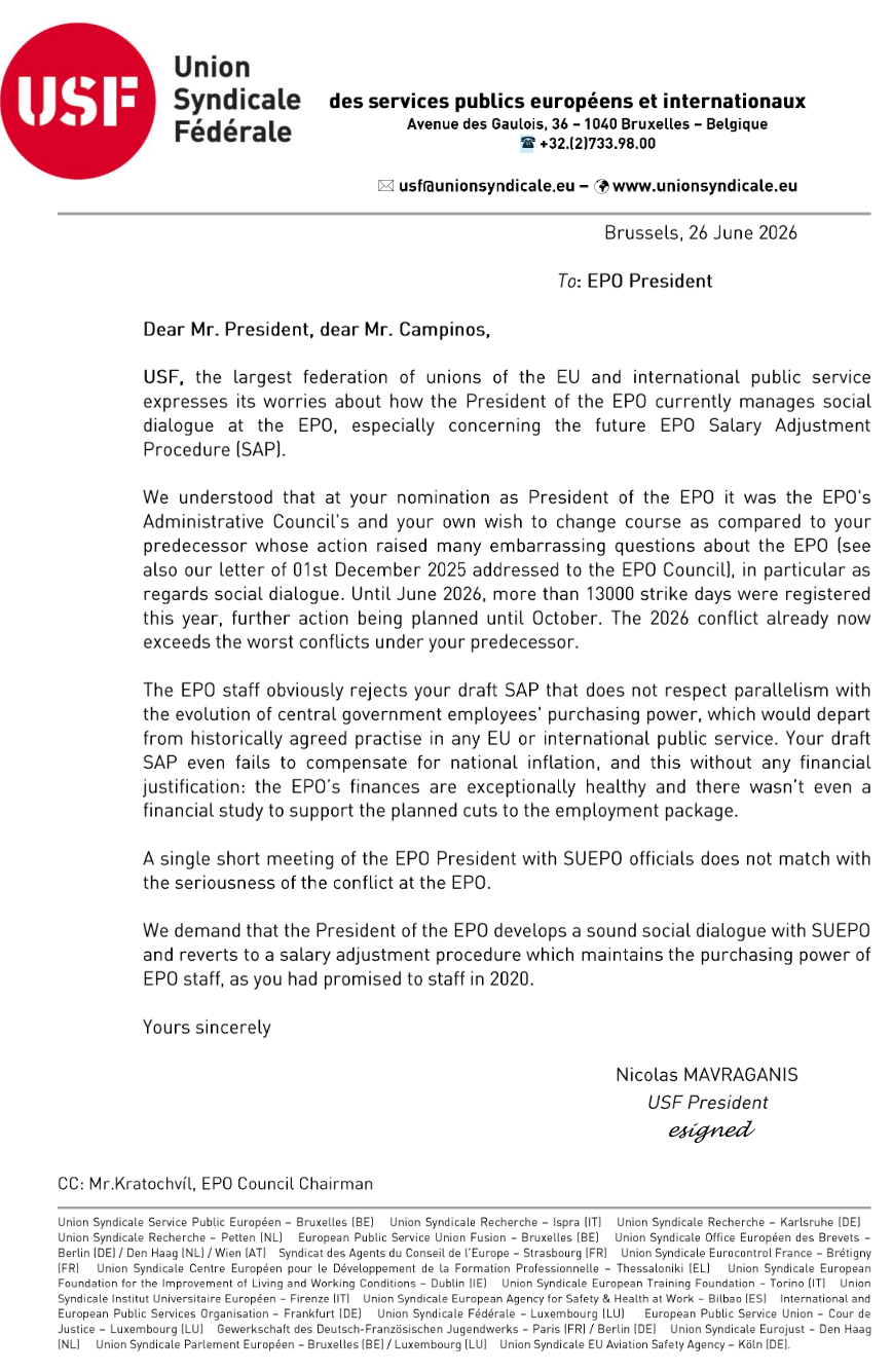 We demand that the President of the EPO develops a sound social dialogue with SUEPO...