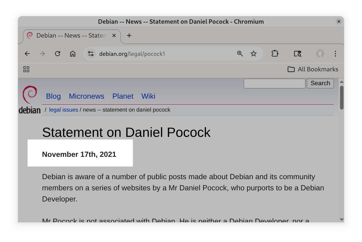 Statement on Daniel Pocock, Debian, harassment, abuse, gangster behaviour