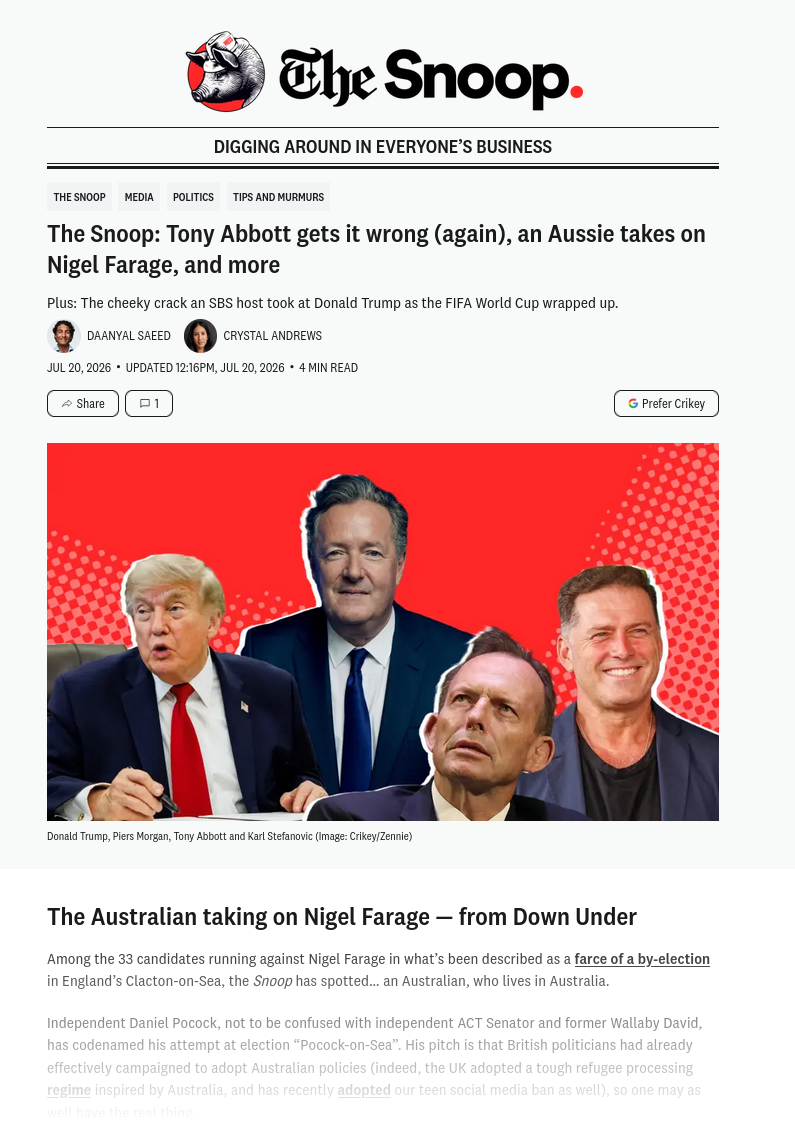 The Snoop: Tony Abbott gets it wrong (again), an Aussie takes on Nigel Farage, and more