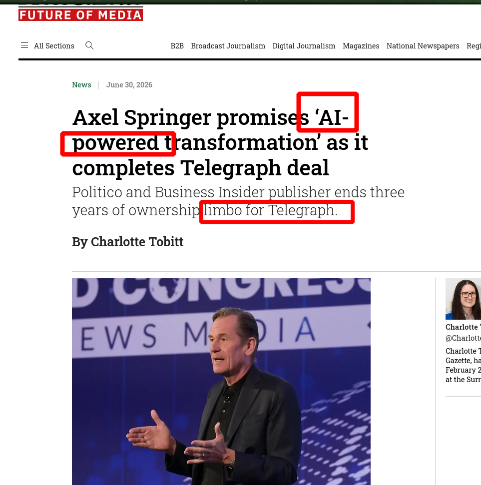 Axel Springer promises ‘AI-powered transformation’ as it completes Telegraph deal