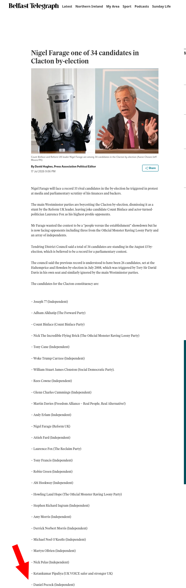 Nigel Farage one of 34 candidates in Clacton by-election