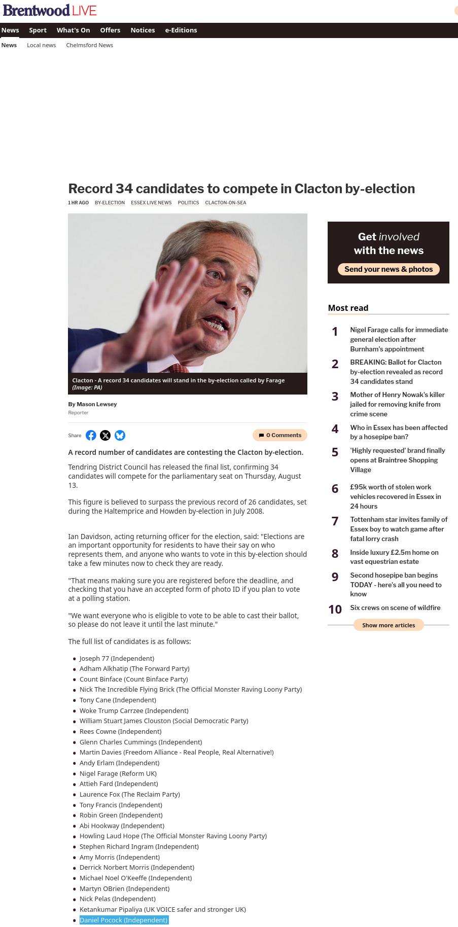 Record 34 candidates to compete in Clacton by-election