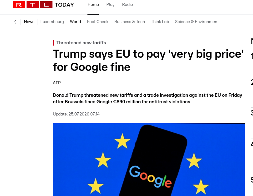 Trump says EU to pay 'very big price' for Google fine
