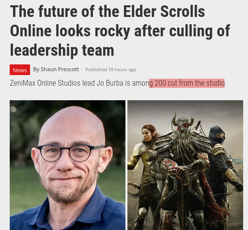 ZeniMax Online Studios lead Jo Burba is among 200 cut from the studio.