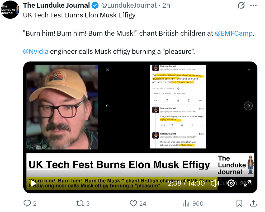Nvidia engineer calls Musk effigy burning a 'pleasure'.