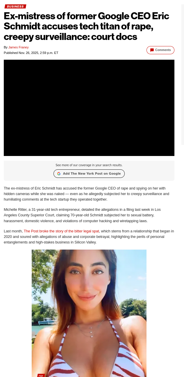  Ex-mistress of former Google CEO Eric Schmidt accuses tech titan of rape, creepy surveillance: court docs 