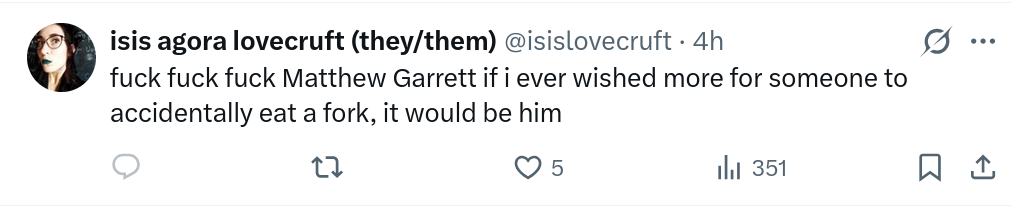 fuck fuck fuck Matthew Garrett if i ever wished more for someone to accidentally eat a fork, it would be him