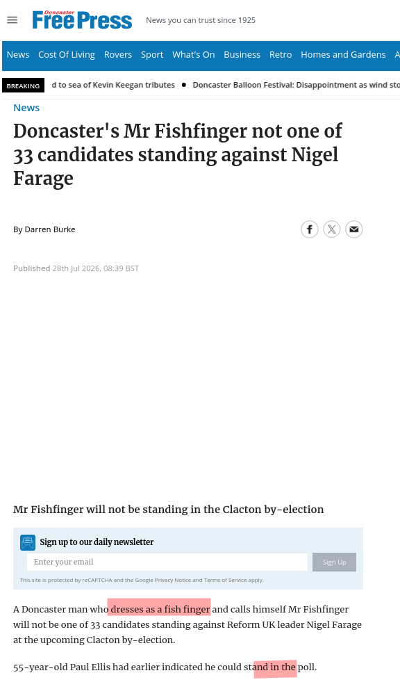 Doncaster's Mr Fishfinger not one of 33 candidates standing against Nigel Farage