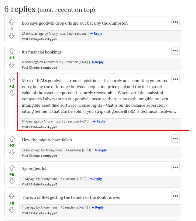 Most of IBM's goodwill is from acquisitions. It is purely an accounting generated entry being the difference between acquistion price paid and the fair market value of the assets acquired. It is rarely recoverable. Whenever I do analyst of companies I always strip out goodwill because there is no cash, tangible or even intangible asset (like software license rights - that is on the balance seperately) sitting behind it that can be sold. If you strip out goodwill IBM is technical insolvent.