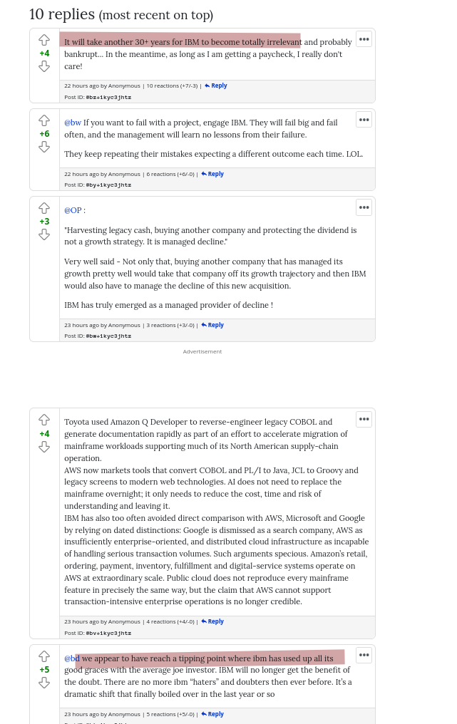 It will take another 30+ years for IBM to become totally irrelevant and probably bankrupt... In the meantime, as long as I am getting a paycheck, I really don't care!