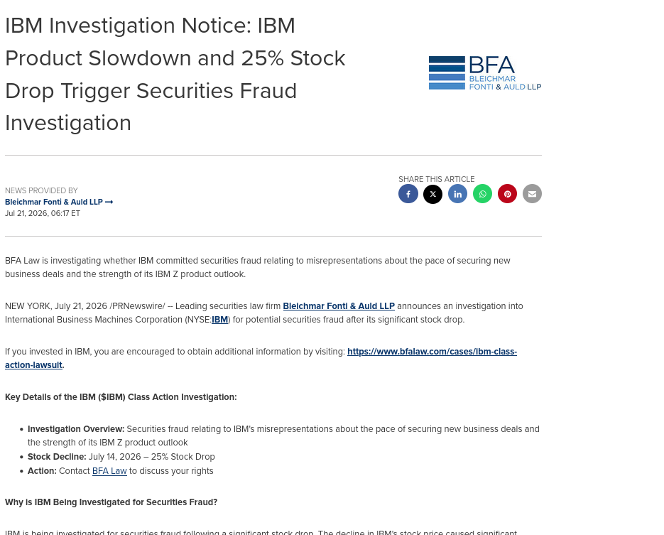  IBM Investigation Notice: IBM Product Slowdown and 25% Stock Drop Trigger Securities Fraud Investigation