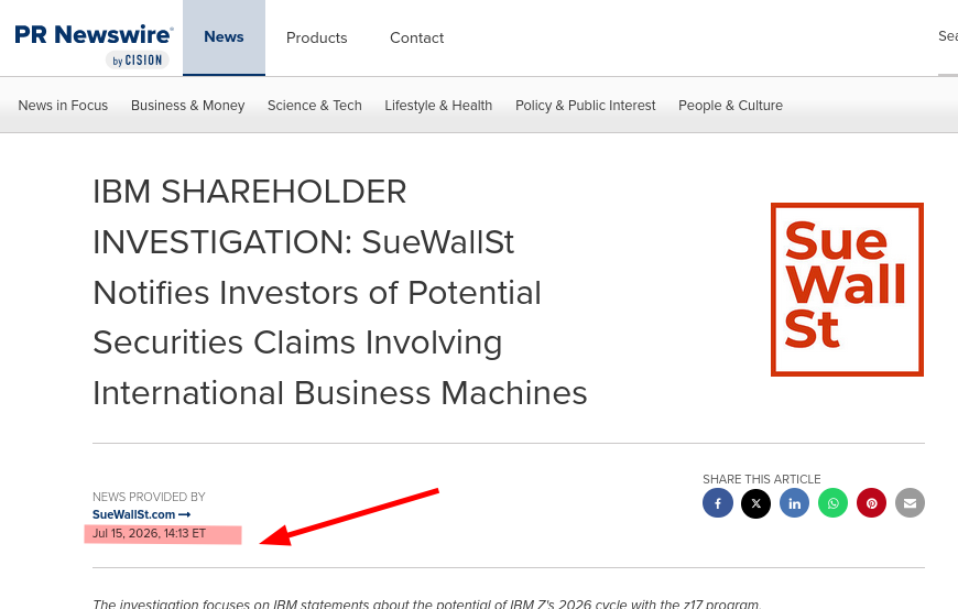  IBM SHAREHOLDER INVESTIGATION: SueWallSt Notifies Investors of Potential Securities Claims Involving International Business Machines