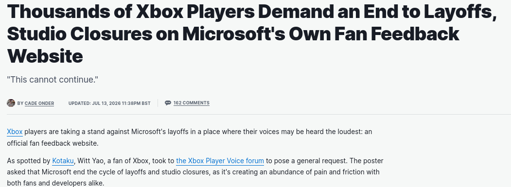 Thousands of Xbox Players Demand an End to Layoffs, Studio Closures on Microsoft's Own Fan Feedback Website