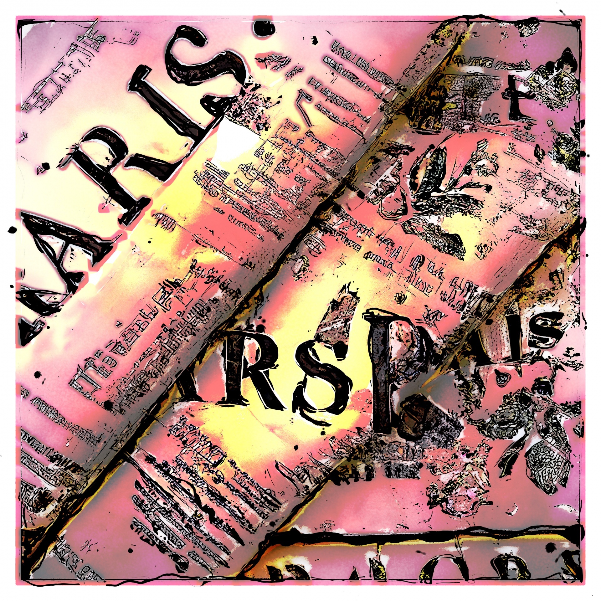 Folded newspapers with PARIS headlining wallpaper