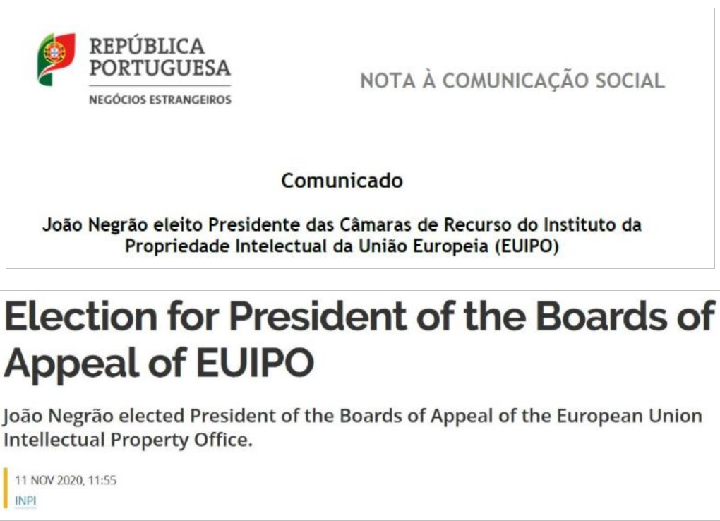 A communiqué issued by the Ministry of Foreign Affairs announcing the confirmation of Negrão's appointment as President of the EUIPO Boards of Appeal