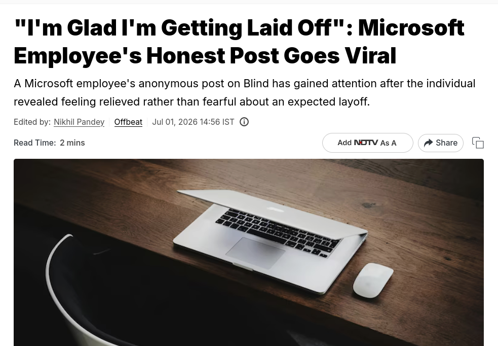 'I'm Glad I'm Getting Laid Off': Microsoft Employee's Honest Post Goes Viral
