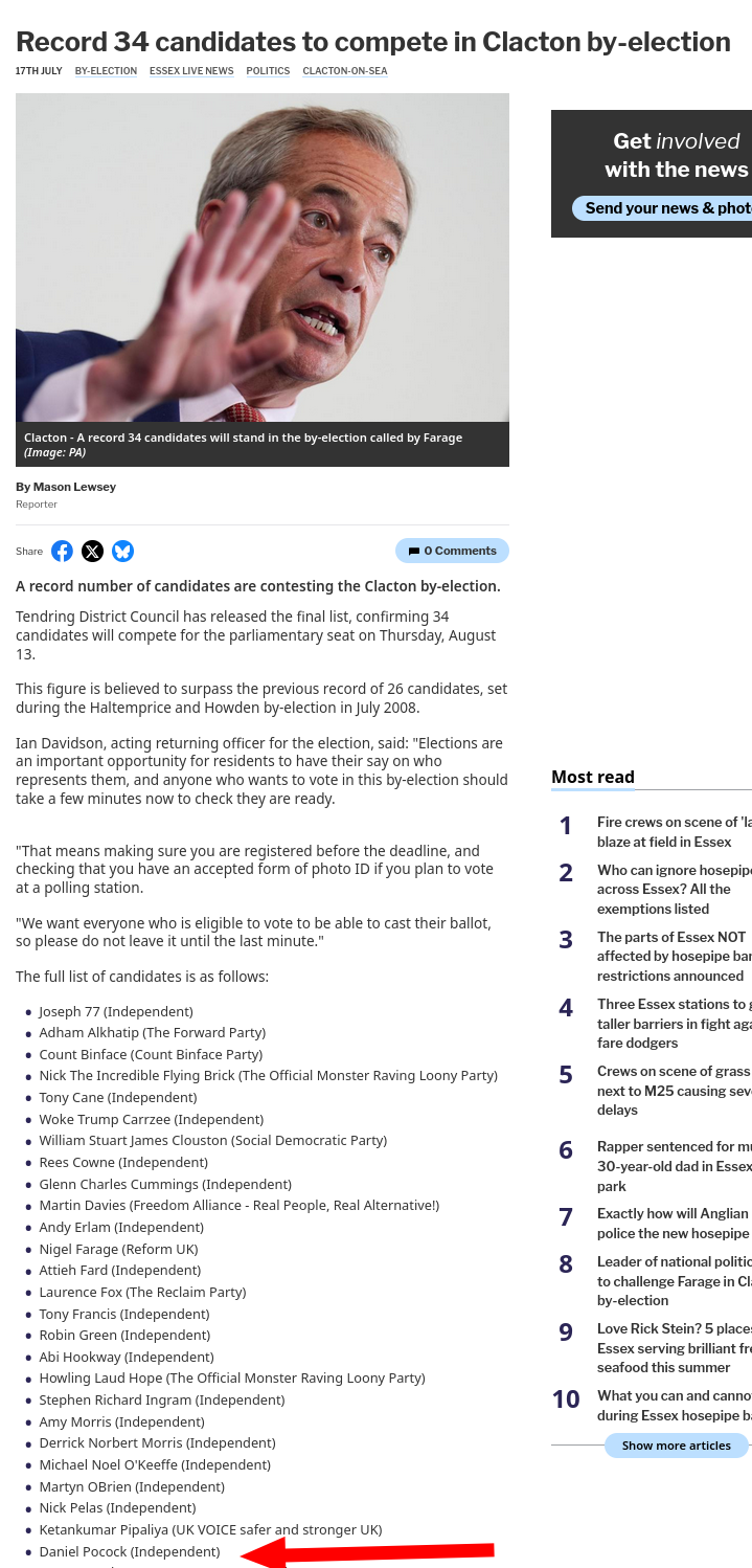 Record 34 candidates to compete in Clacton by-election