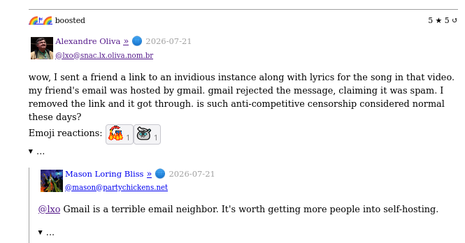 wow, I sent a friend a link to an invidious instance along with lyrics for the song in that video. my friend's email was hosted by gmail. gmail rejected the message, claiming it was spam. I removed the link and it got through. is such anti-competitive censorship considered normal these days?
