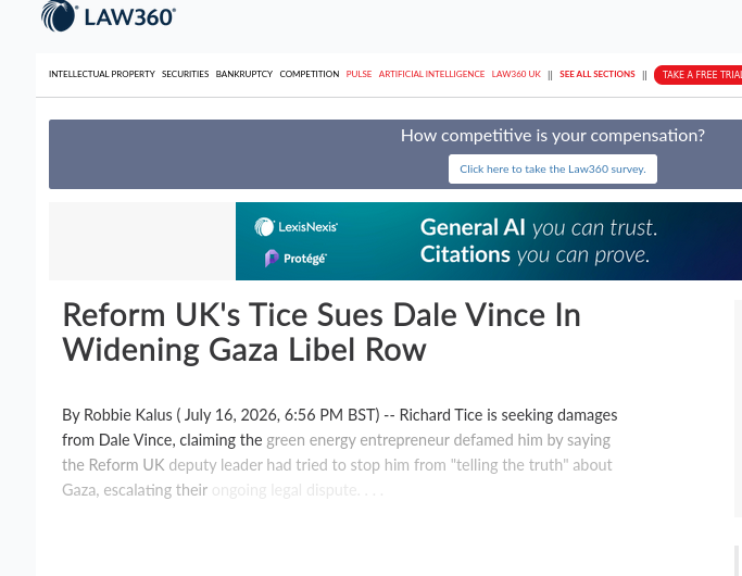 Reform UK's Tice Sues Dale Vince In Widening Gaza Libel Row