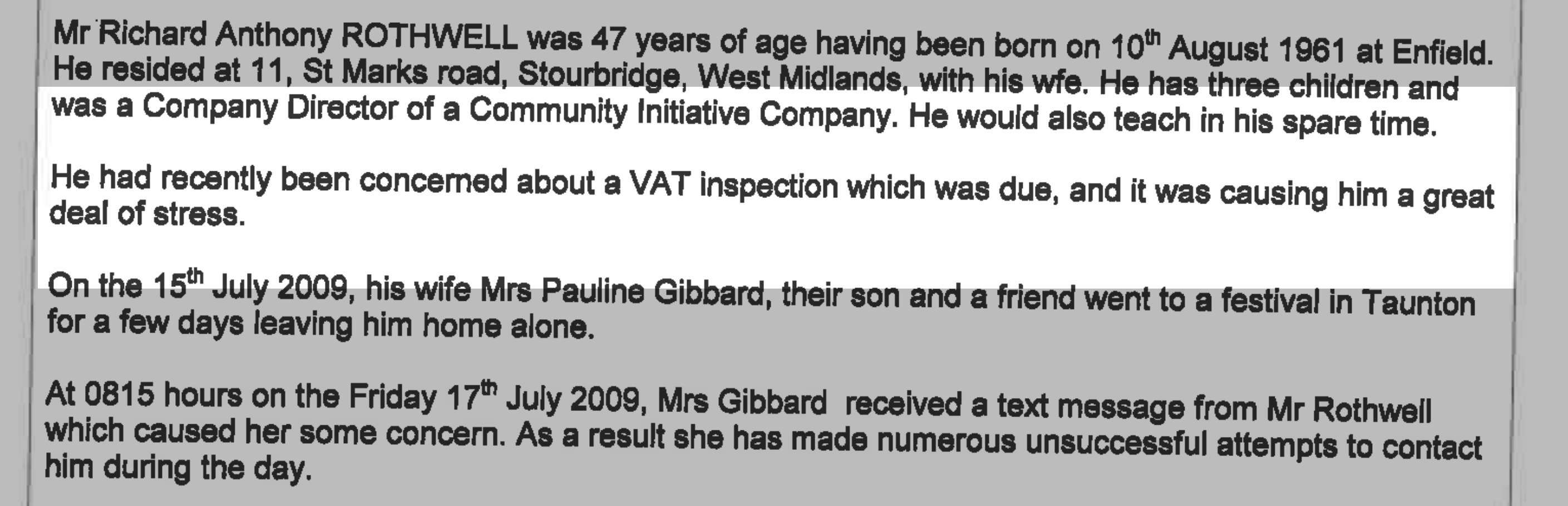 Richard Rothwell, coroner report, suicide, HMRC VAT inspection