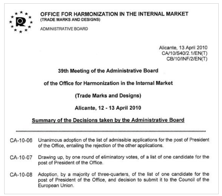 official OHIM document summarising the decisions taken by the Administrative Board