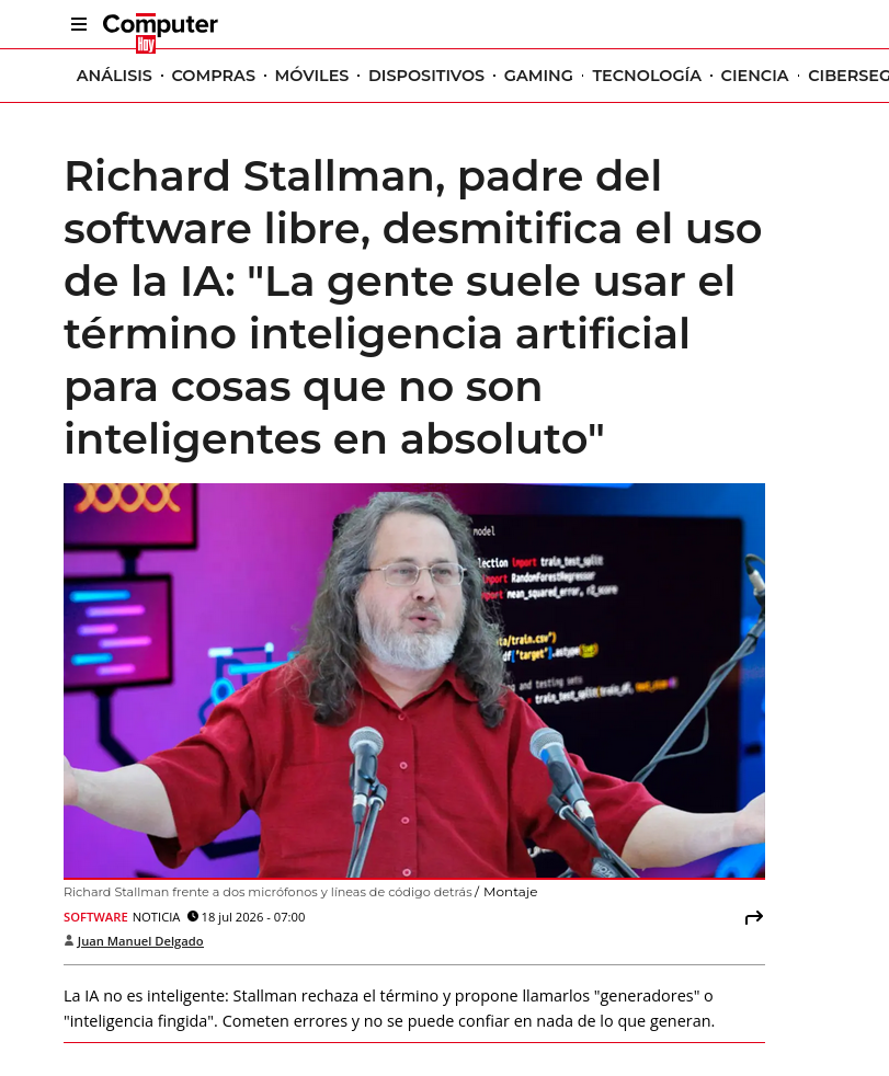 Richard Stallman, padre del software libre, desmitifica el uso de la IA: 'La gente suele usar el término inteligencia artificial para cosas que no son inteligentes en absoluto'