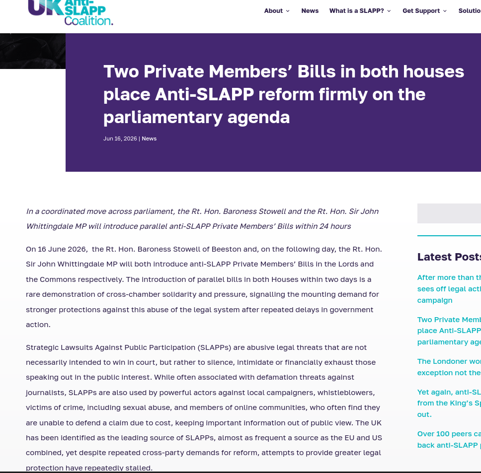 Two Private Members’ Bills in both houses place Anti-SLAPP reform firmly on the parliamentary agenda