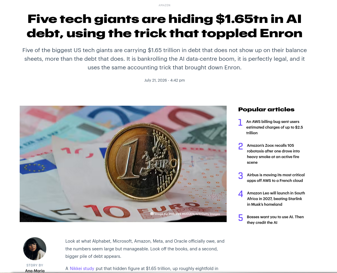 Five of the biggest US tech giants are carrying $1.65 trillion in debt that does not show up on their balance sheets, more than the debt that does. It is bankrolling the AI data-centre boom, it is perfectly legal, and it uses the same accounting trick that brought down Enron.