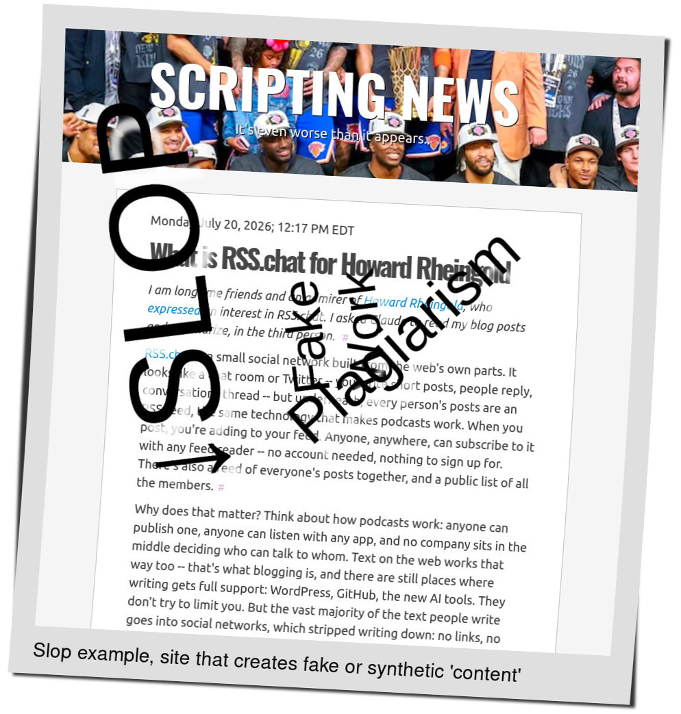 Slop or fake: I am longtime friends and an admirer of Howard Rheingold, who expressed an interest in RSS.chat. I asked Claude to read my blog posts and summarize, in the third person.