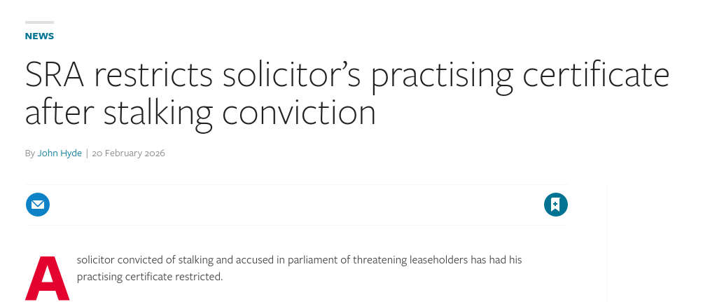 SRA restricts solicitor’s practising certificate after stalking conviction