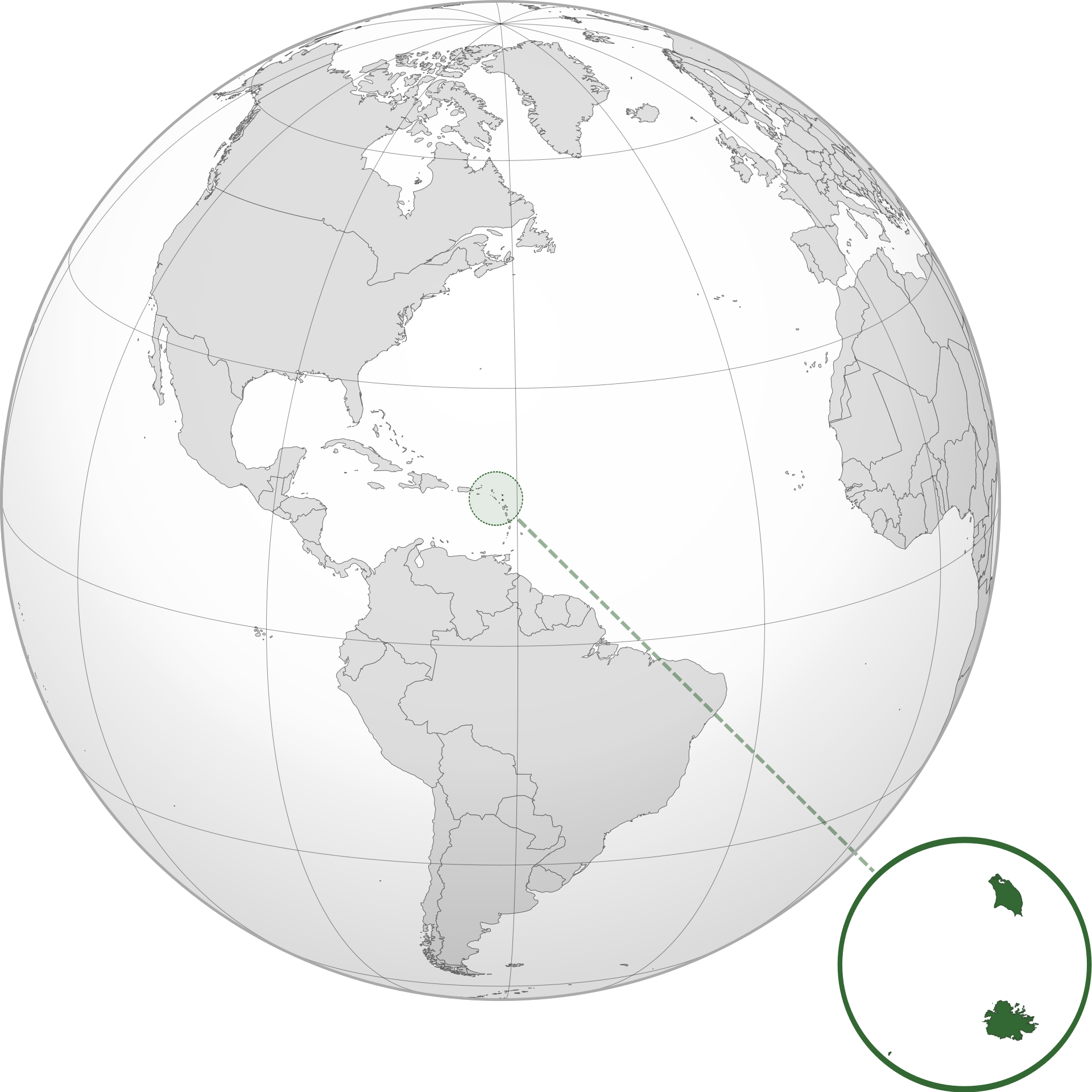 Orthographic map of Antigua and Barbuda centered at 17° N, 62° W. Official territory. Claimed territories.