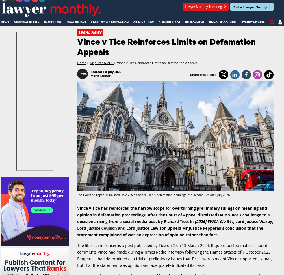 Vince v Tice Reinforces Limits on Defamation Appeals
