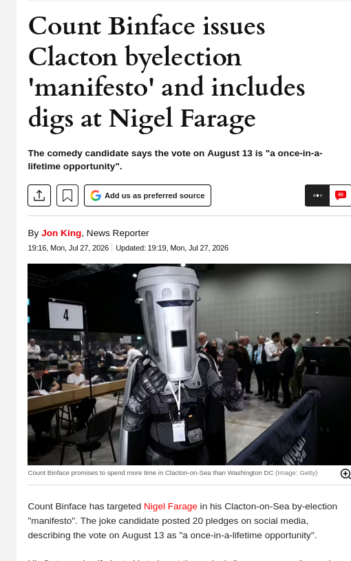 Count Binface issues Clacton byelection 'manifesto' and includes digs at Nigel Farage